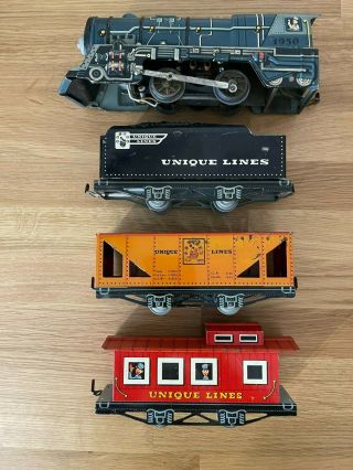Unique Art Vintage 1950 Line Set Of Metal 1 Locomotive,  Tender,  2 Cars O Gauge