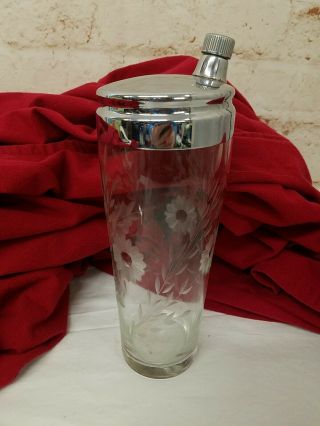Vintage Cocktail Martini Shaker Glass Bar Ware Floral Etched 10.  5 "