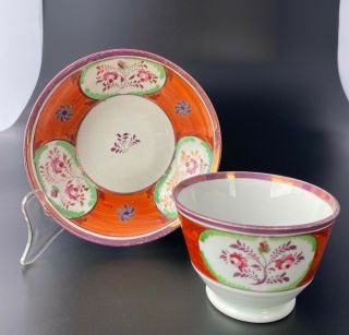 Antique Hand Painted Staffordshire Pink Luster Handleless Cup & Saucer