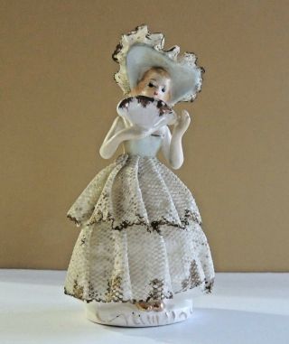 Vintage Porcelain Lace Figurine With Lovely Blue Dress & Hat 5.  5 "