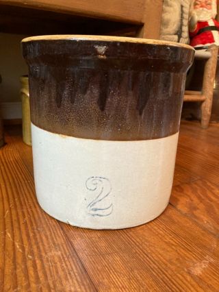Antique / Vintage Primitive 2 Gallon Brown And White Stoneware Crock - Cobalt 2