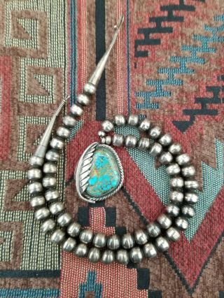 Vintage Sterling Silver Navajo Pearl Bead Necklace Turquoise Pendant Signed