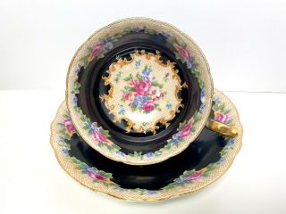 Vintage Chugai Occupied Japan Tea Cup And Saucer Set - Cross Stitch Black & Gold