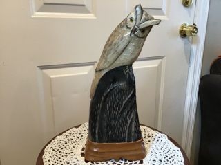 Vintage Horn Hand Carved Owl With Wood Stand