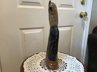 Vintage Horn Hand Carved Owl With Wood Stand 2