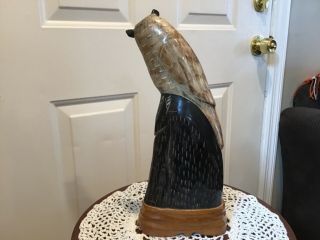 Vintage Horn Hand Carved Owl With Wood Stand 3