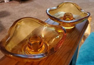 Pair Mid Century Amber Glass Taper Candlesticks Candle Holders Vintage