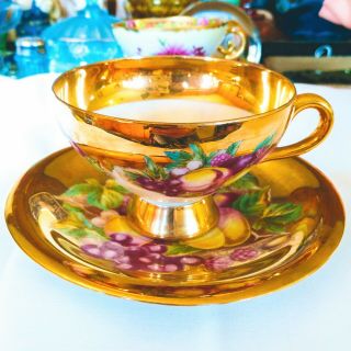 Vintage Heavy Gold Footed Tea Cup & Saucer Set Assorted Fruit Metasco Japan