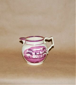 Antique Staffordshire Pink Luster Landscape Pottery Pitcher Jug