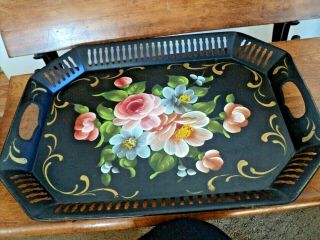 Vintage Toleware Metal Tray Black Hand Painted Floral Reticulated Handles