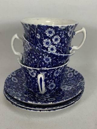 Set Of 3 Antique Cobalt Blue Floral Chintz Porcelain Cup And Saucer Set
