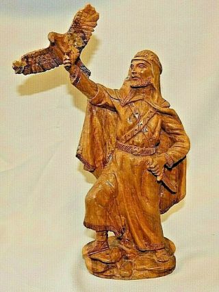 Vintage Ancient Man With Hand Carved Wooden Eagle Statue 12 Inches