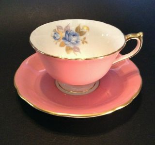 Aynsley Pedestal Tea Cup And Saucer - Pink With Blue And Gold Roses - England