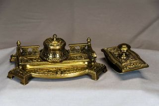 Antique Vintage Brass Desk Set With Blotter And Blue Glass Inkwell Insert