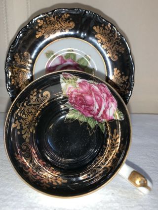 Vintage Royal Halsey Tea Cup And Saucer Japan Black Rose Gold