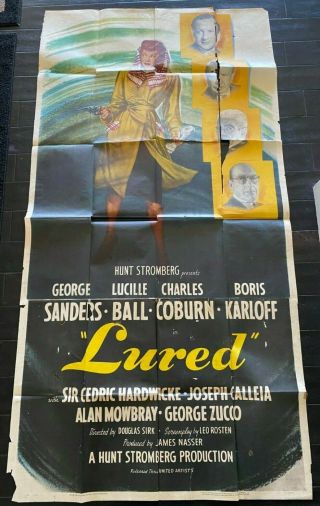 1947 Vintage Lured 3 Three Sheet Movie Poster Lucille Ball