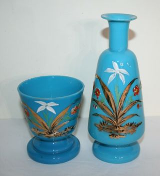 Antique Victorian Hand Painted Bristol Art Glass Decanter Vase & Cup Set Blue