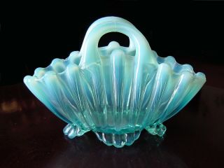 Antique Ca 1889 Davidson Blue Pearline Opalescent Art Glass Basket Vase 130643