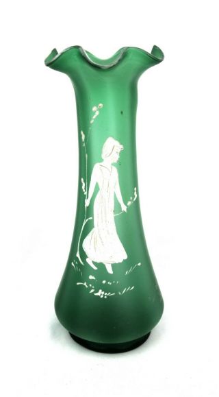 Antique Art Glass Mary Gregory Emerald Green Vase Hand Painted Young Girl