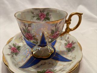 Vintage Iridescent Luster Pedestal Tea Cup & Saucer Cobalt Blue Pink Gold Japan