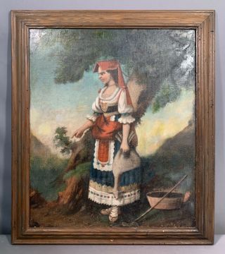 Lg Antique 19thc European Primitive Lady & Lamb Old Outdoor Portrait Painting