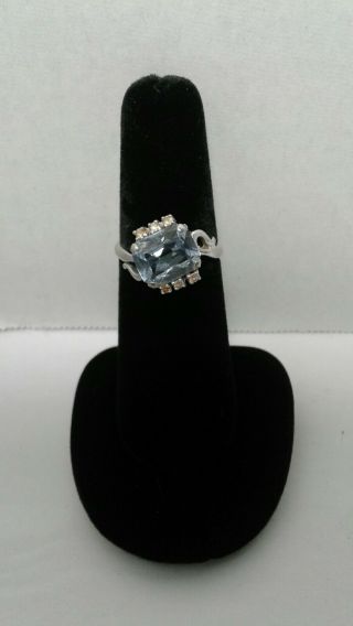 Vintage 10k White Gold Emerald Cut Light Blue Gemstone And Diamond Ring