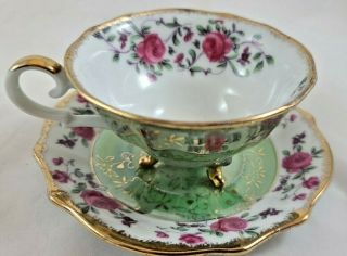 Vintage Napco China Hand Painted 3 Footed Teacup & Saucer Green W/pink Roses