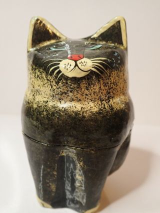 Hand Painted Lacquered Wooden Small Cat Box Black & White 5 " Tall