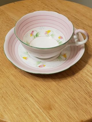 Vtg Royal Grafton Tea Cup And Saucer Pink/white/green/white Tulip Pattern Cute