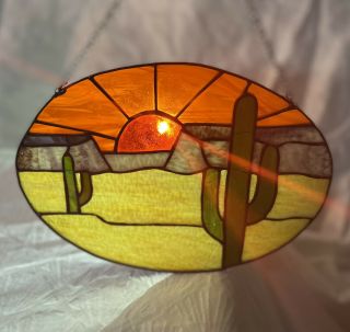Vintage 70s Tiffany Style Stained Colored Glass Panel Hanging Window Sun Catcher