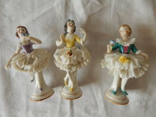 3 Vintage German Dresden Lace Dancing Ballerina Girls 3.  75 " Figurines