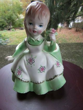 Vintage Ceramic Porcelain Girl Planter - Green Dress - Apron - Rose 4.  25 X 5.  5”