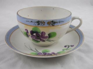 Vintage Japan Hand Painted Tea Cup And Saucer Purple Violets Blue Rim