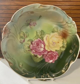 Antique Bavaria Porcelain Deep Serving Bowl.  Green/roses/gold/pink