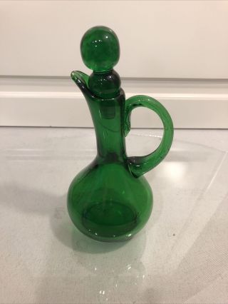 Vintage Hand Blown Small Green Glass Decanter With Stopper