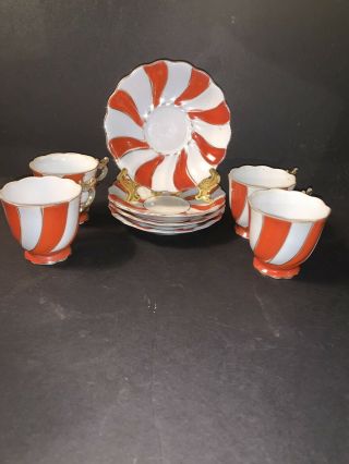 Set Of 4 Mini Tea Cup And Saucer Made In Japan Red And White Band