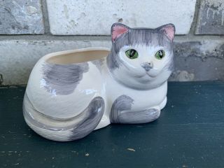 Vintage Ceramic White And Gray Cat Planter With Green Eyes