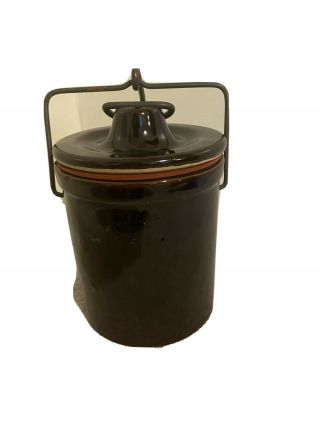 Vintage Dark Chocolate Stoneware Cheese Crock With Wire Bail Latch Lid & Seal