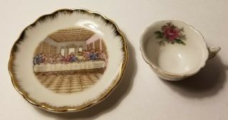 Vintage Miniature Tea Cup and Saucer The Last Supper Gold Accents Mini Set 2