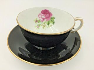 Vintage Teacup And Saucer Clarence Bone China England Black With Pink Rose