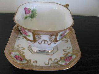 Shafford Japan Pink Floral Hand Painted Gold Square Tea Cup And Saucer