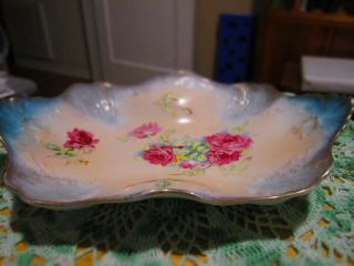 13 1/2 " C T Germany Hand Painted Pink Roses Blueish Gold Trim Bowl