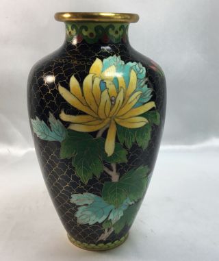 Vintage 7” Cloisonne Vase Black With Yellow Green Floral Flowers