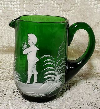 Vintage Mary Gregory Green Glass Pitcher Hand Painted Boy 3 3/4 "