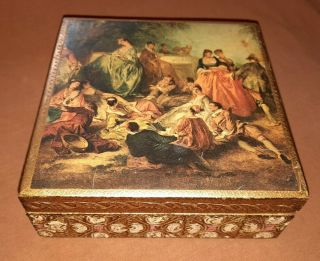 Vintage Italian Florentine Tole Trinket Box Gilt Wood With Romantic Scene Top