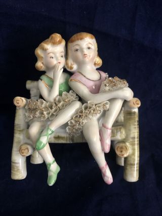 Antique Vintage Porcelain Figurine Of Two Ballerina Girls With Laces Dresses