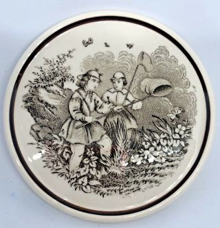 Antique Small Brown & White Porcelain Wall Art Couple Chasing Butterflies German