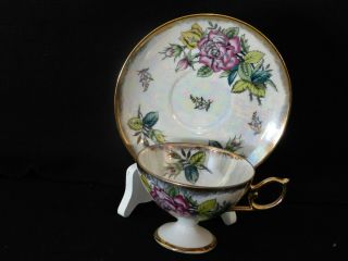 Vtg Lm Royal Halsey Very Fine Tea Cup & Saucer Rose & Leaves Design Lusterware