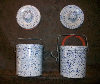 2 Vintage 4 " White Blue Speckled Stoneware Cheese Crocks Lids Wire Holly Crest