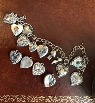 Vintage Sterling Puffy Puffed 13 Heart Charms Enamel Forget Me Not Bracelet Mono